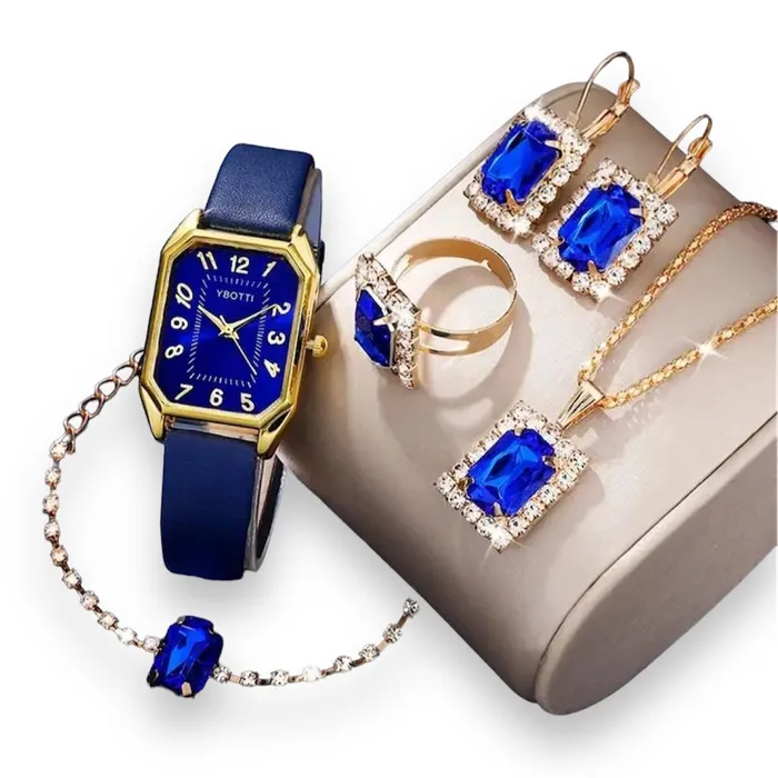 Conjunto De 6 Piezas Reloj Para Mujer Cuadrado Correa De Cuero Azul