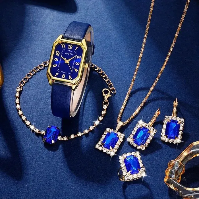 Conjunto De 6 Piezas Reloj Para Mujer Cuadrado Correa De Cuero Azul