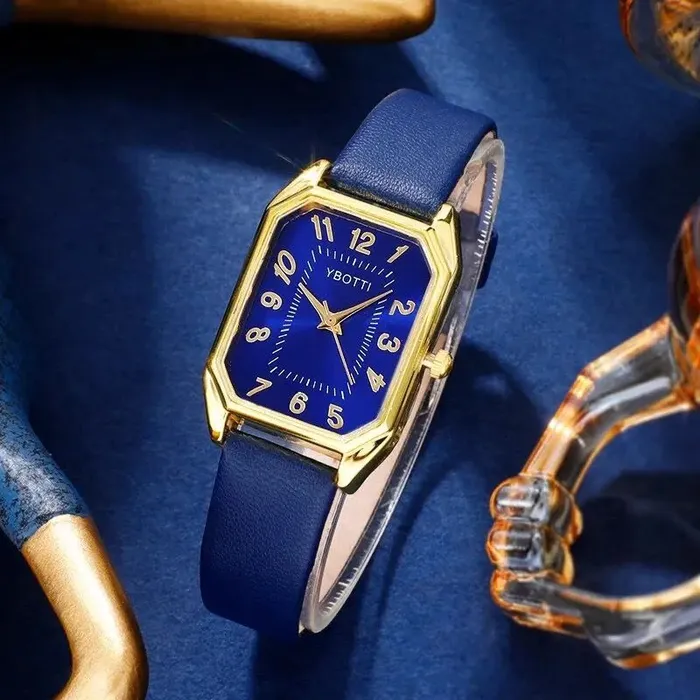 Conjunto De 6 Piezas Reloj Para Mujer Cuadrado Correa De Cuero Azul