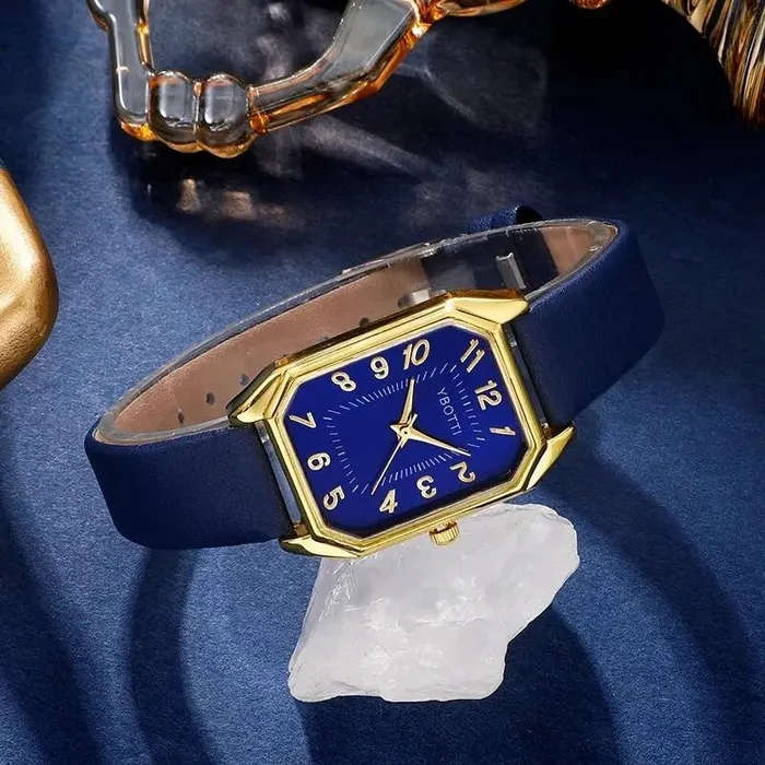 Conjunto De 6 Piezas Reloj Para Mujer Cuadrado Correa De Cuero Azul