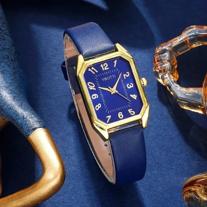 Conjunto De 6 Piezas Reloj Para Mujer Cuadrado Correa De Cuero Azul