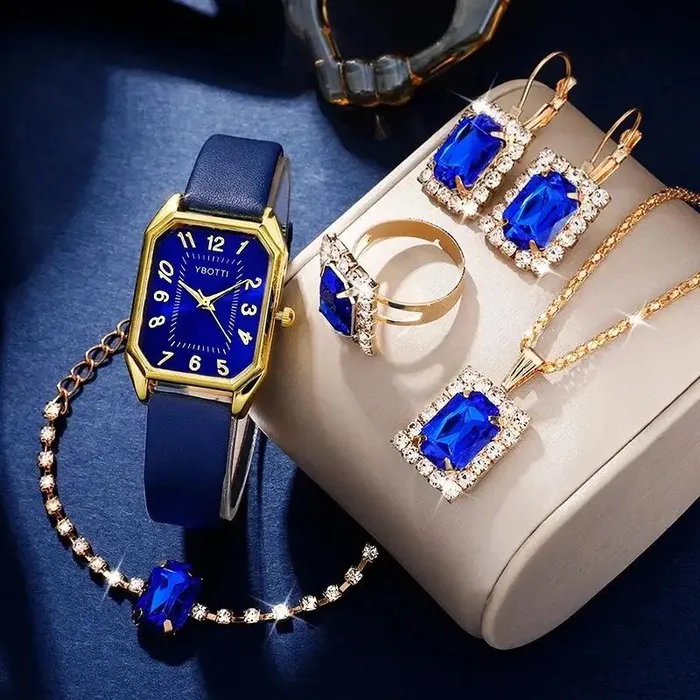 Conjunto De 6 Piezas Reloj Para Mujer Cuadrado Correa De Cuero Azul