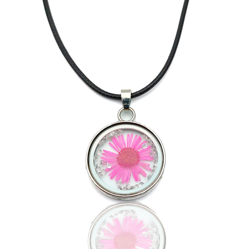 Collar Cristal Plateado Flor Fucsia