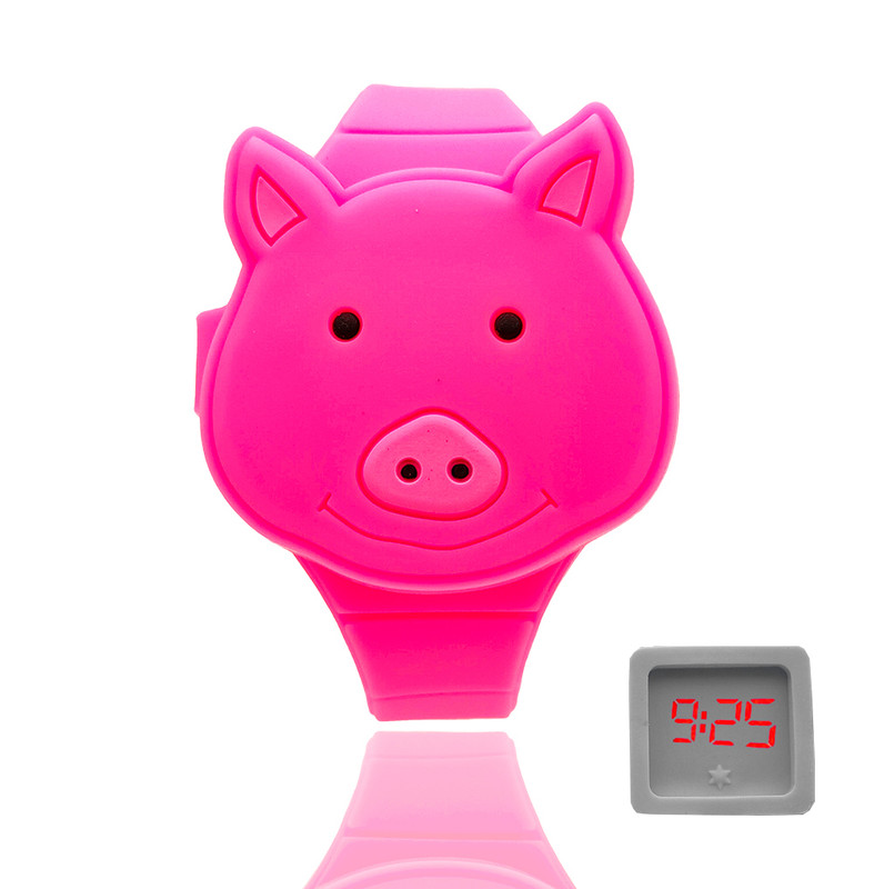 Reloj Led Niño Niña infantil Cerdito Fucsia + estuche