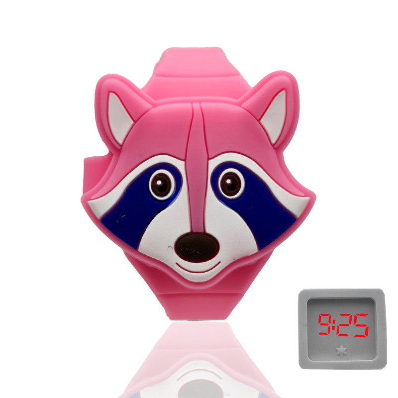 Reloj Led Niño Niña infantil Mapache Fucsia + estuche