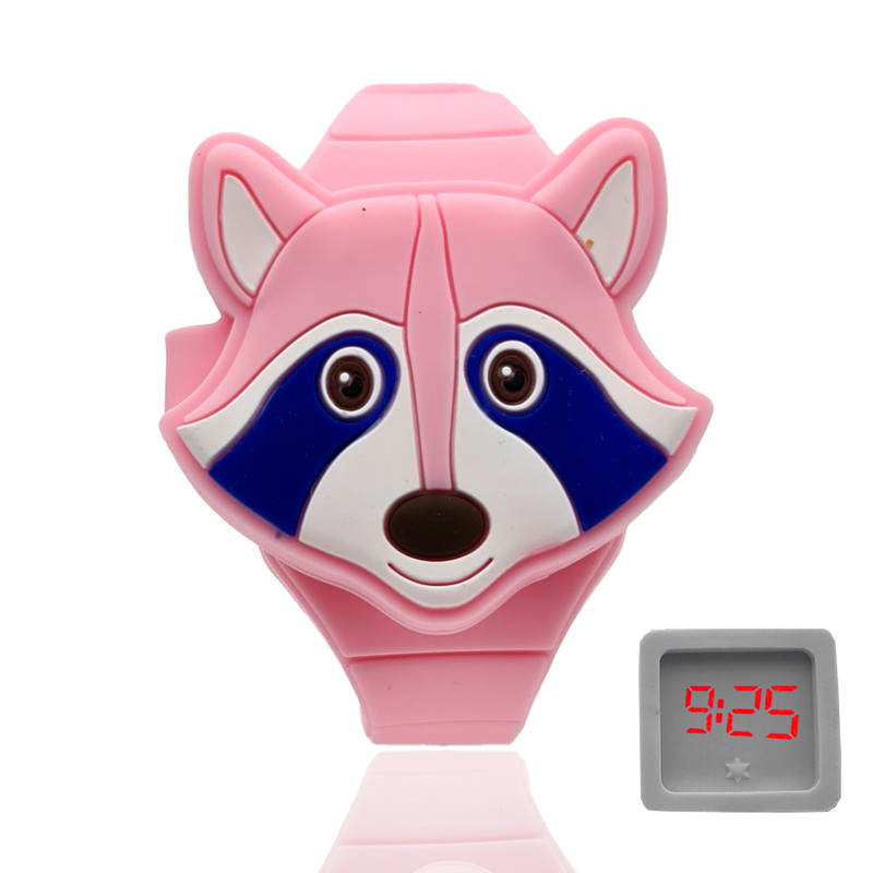 Reloj Led Niño Niña infantil Mapache Rosa + estuche