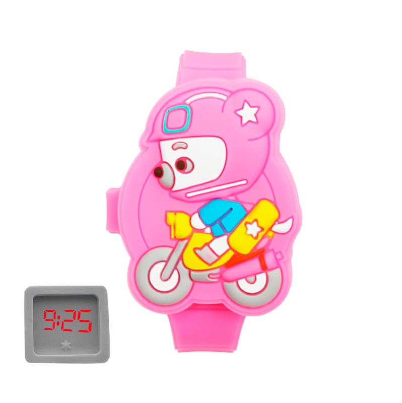 Reloj Led Niño Niña infantil Oso Moto Fucsia + estuche