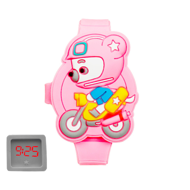 Reloj Led Niño Niña infantil Oso Moto Rosa + estuche