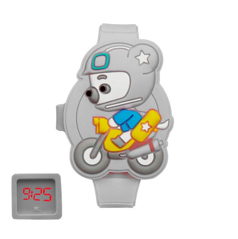 Reloj Led Niño Niña infantil Oso Moto Gris + estuche