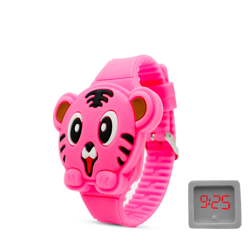 Reloj Led Niño Niña infantil Gato Tigre Fucsia + estuche