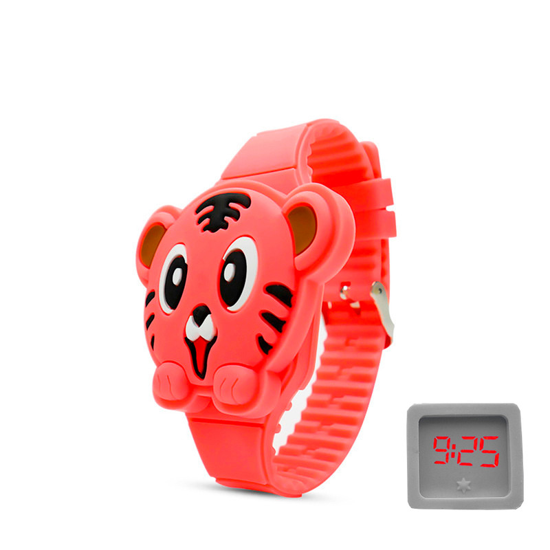 Reloj Led Niño Niña infantil Gato Tigre Rosa Coral + estuche