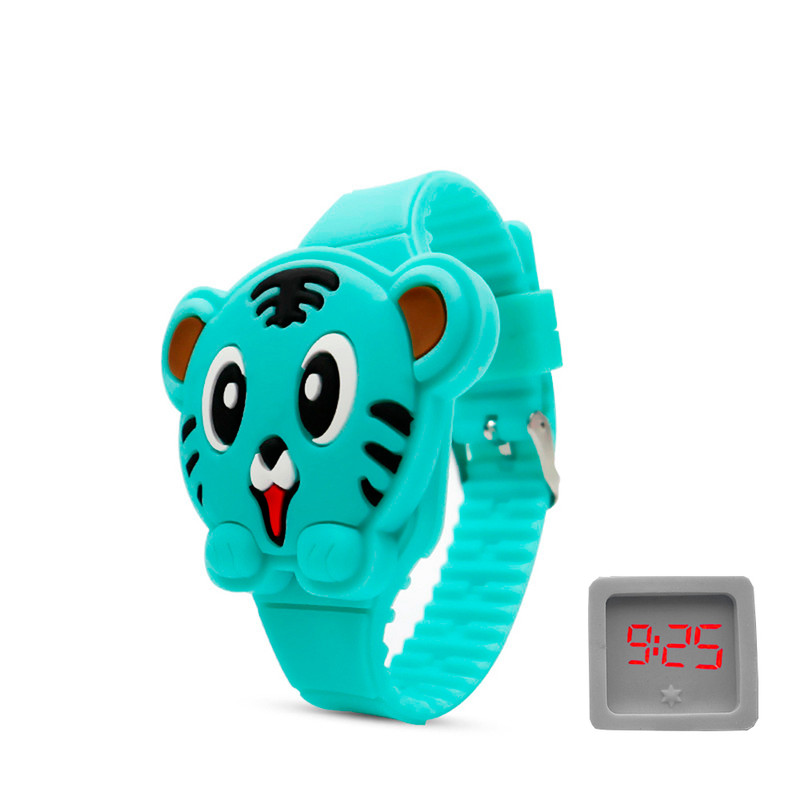 Reloj Led Niño Niña infantil Gato Tigre Turquesa + estuche