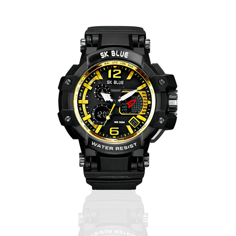 Reloj Doble Hora Impermeable Negro Amarillo