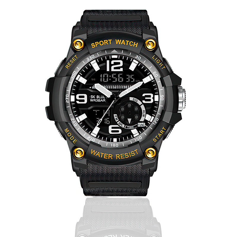 Reloj Impermeable Doble Hora Negro Amarillo 