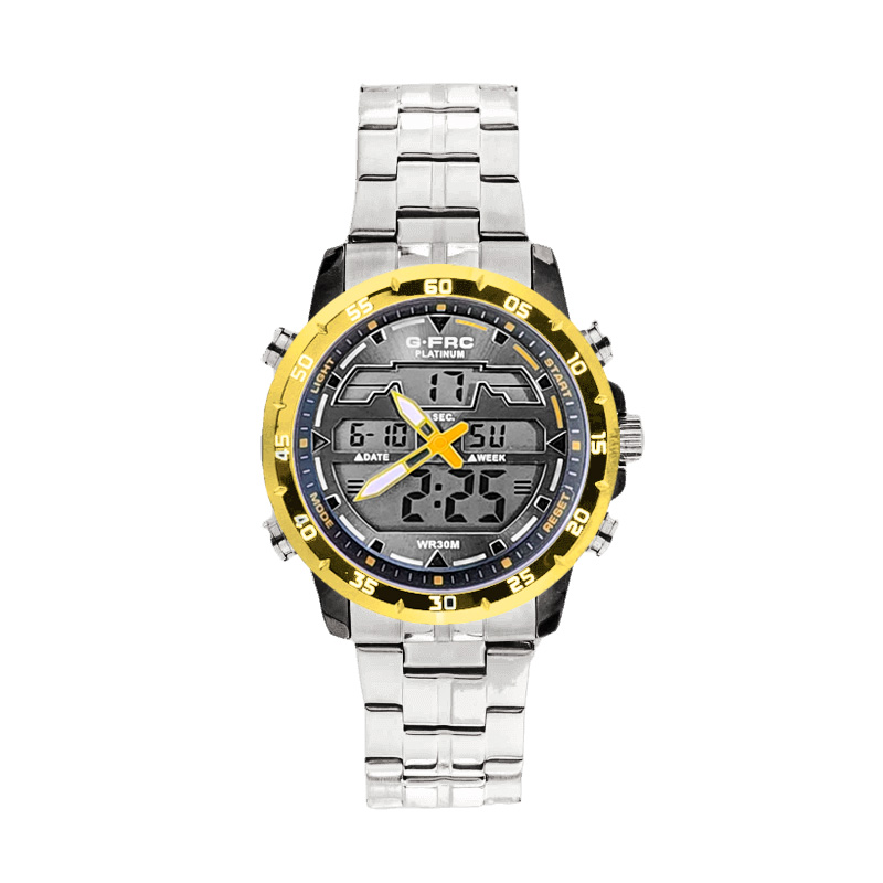 Reloj G-force Original Al161 Digital Acero Hombre Plateado Borde Amarillo + Estuche