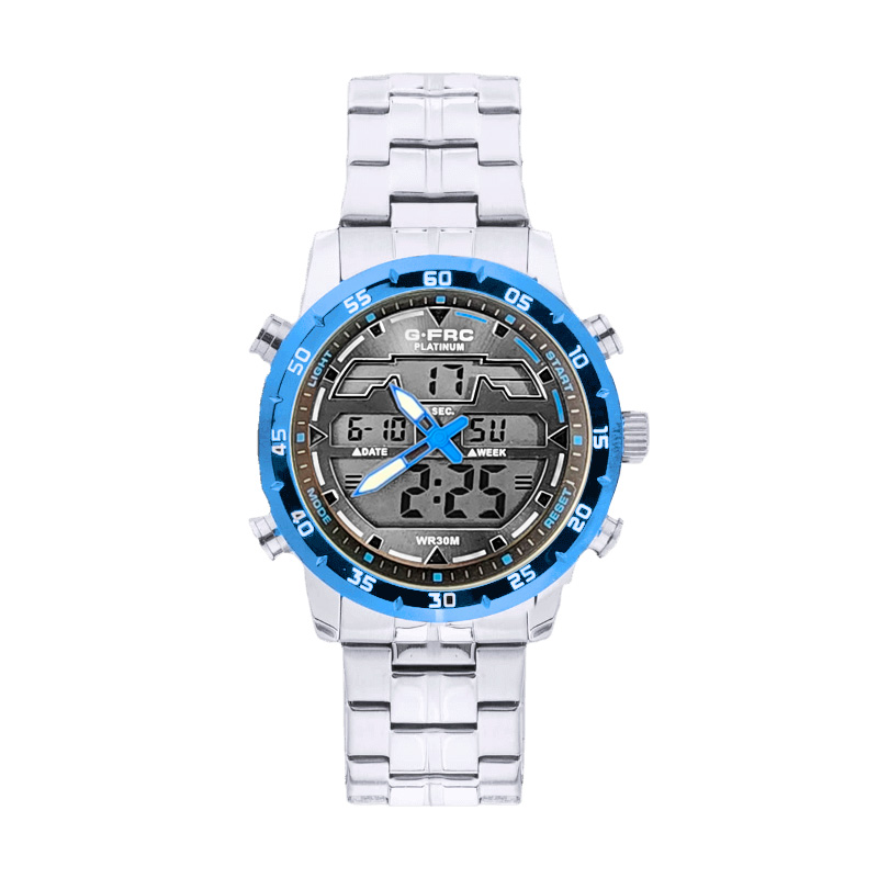 Reloj G-force Original Al161 Digital Acero Hombre Plateado Borde Azul + Estuche