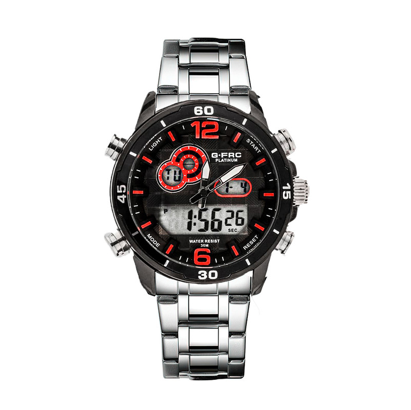 Reloj G-force Original Al162 Digital Acero Hombre Plateado Borde Negro Rojo + Estuche