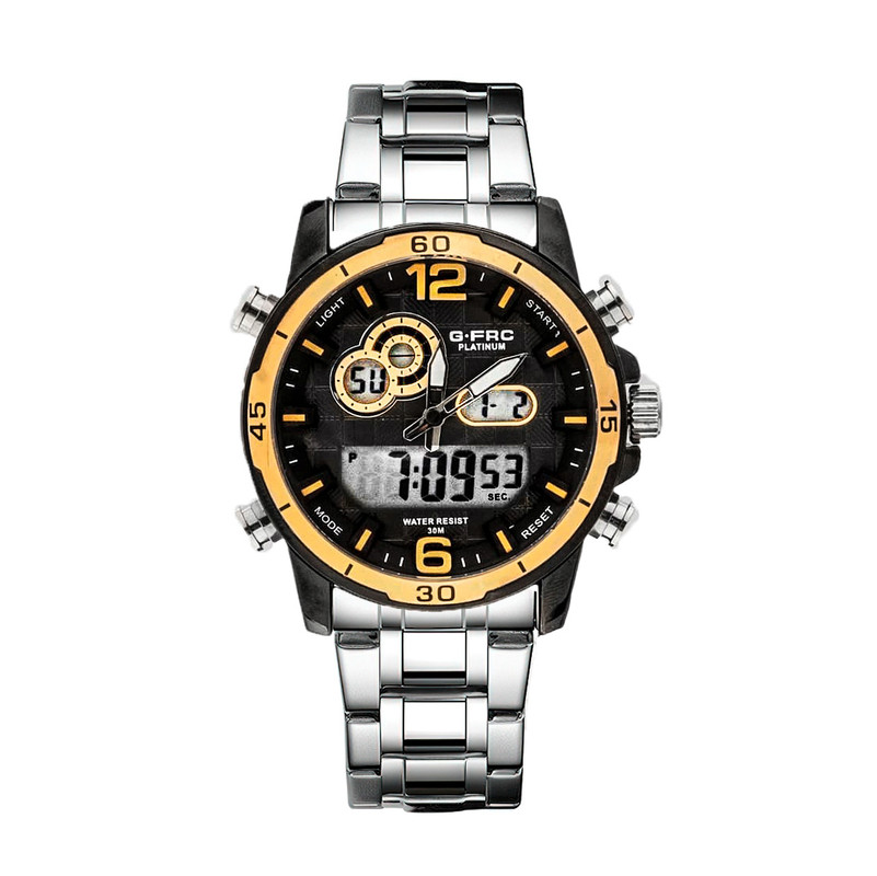 Reloj G-force Original Al162 Digital Acero Hombre Plateado Borde Amarillo + Estuche