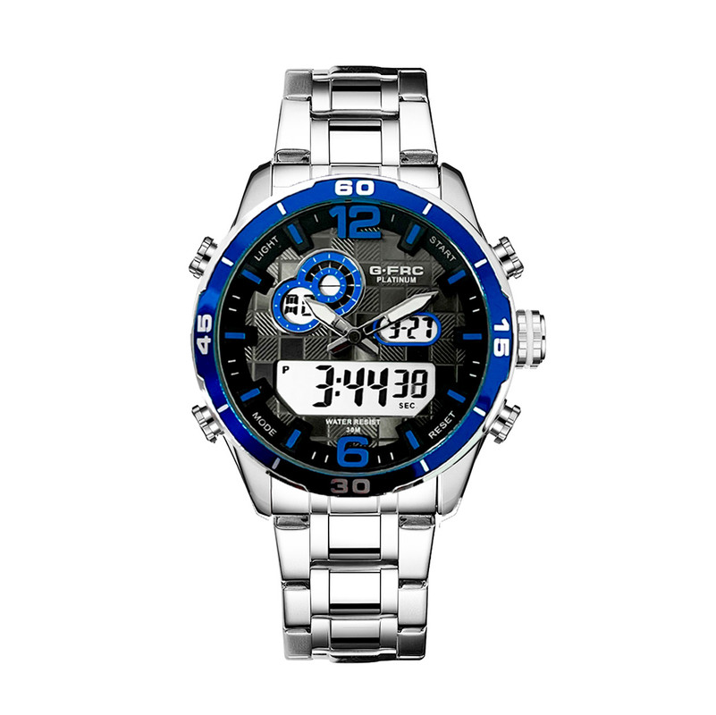 Reloj G-force Original Al162 Digital Acero Hombre Plateado Borde Azul + Estuche