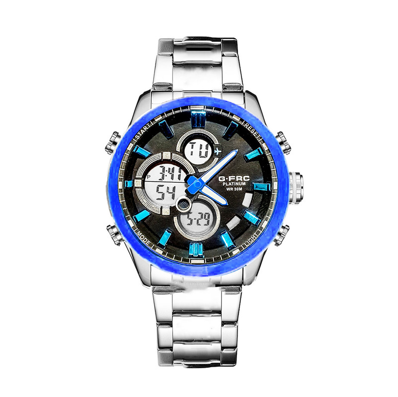 Reloj G-force Original Al163 Digital Acero Hombre Plateado Borde Azul + Estuche