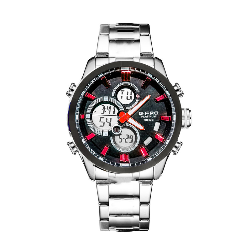 Reloj G-force Original Al163 Digital Acero Hombre Plateado Borde Negro Rojo + Estuche