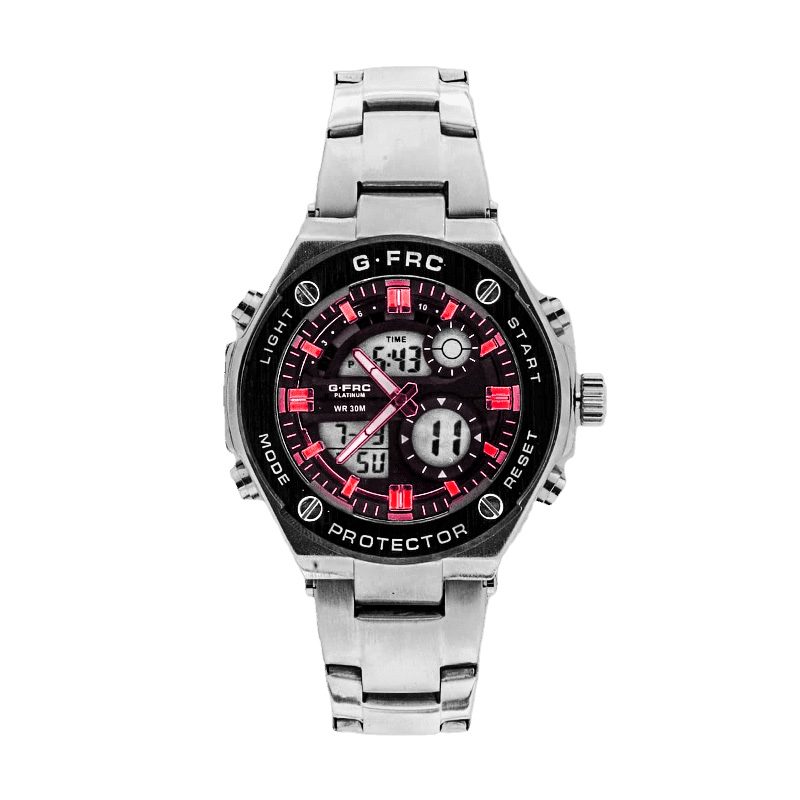 Reloj G-force Original Al167 Digital Acero Hombre Plateado Borde Negro Rojo + Estuche