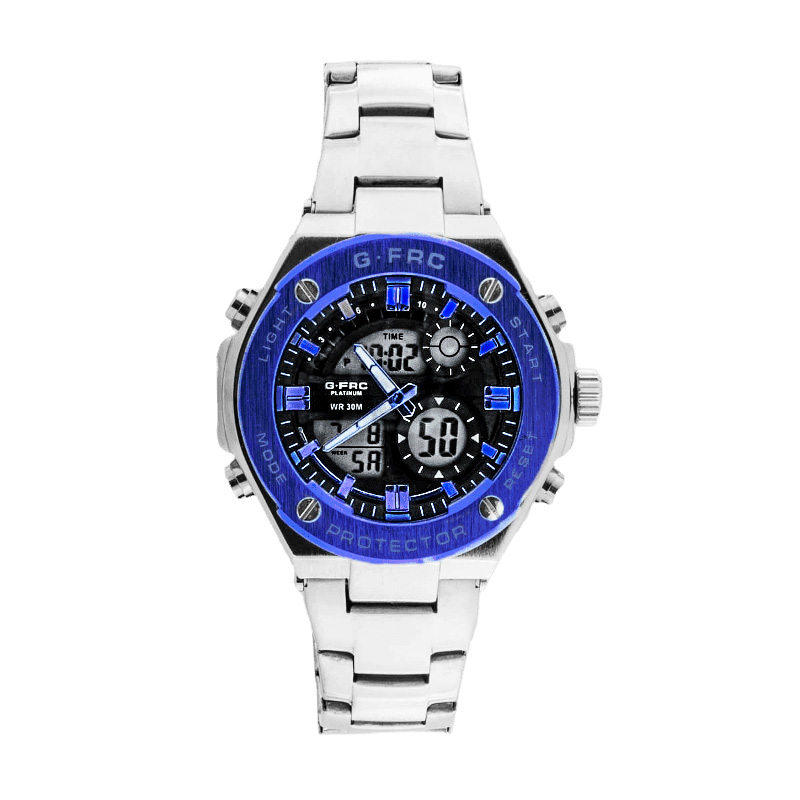 Reloj G-force Original Al167 Digital Acero Hombre Plateado Borde Azul + Estuche