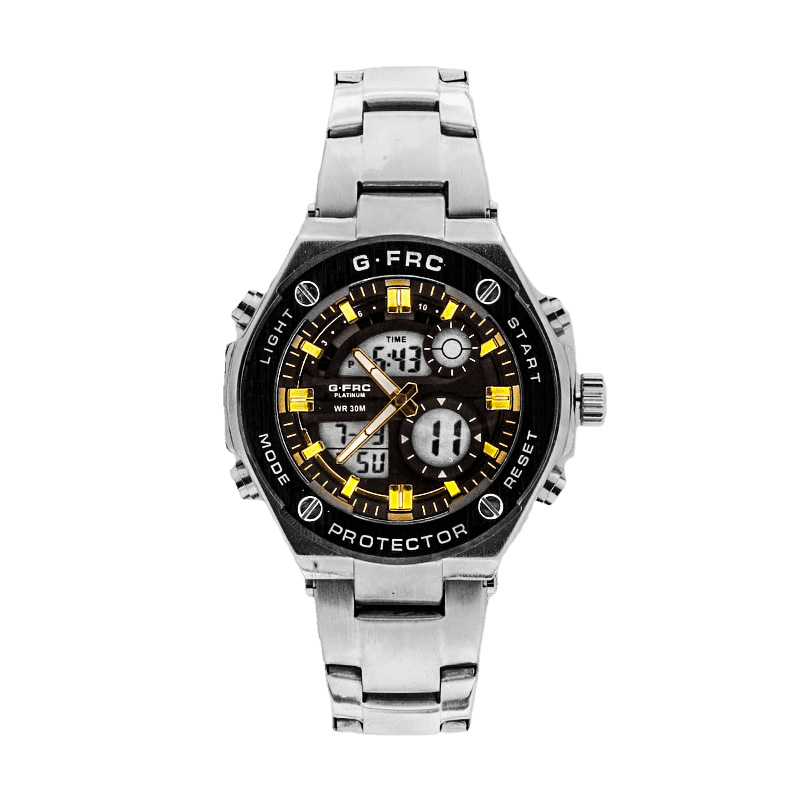 Reloj G-force Original Al167 Digital Acero Hombre Plateado Borde Negro Amarillo + Estuche