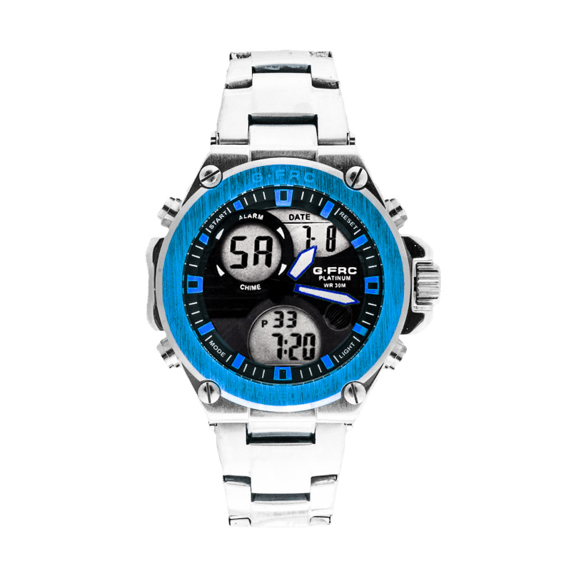 Reloj G-force Original Al165 Digital Acero Hombre Plateado Borde Azul + Estuche