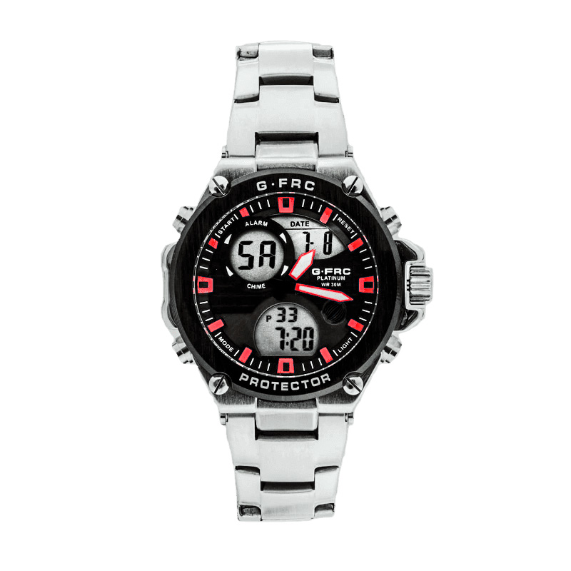 Reloj G-force Original Al165 Digital Acero Hombre Plateado Borde Rojo + Estuche