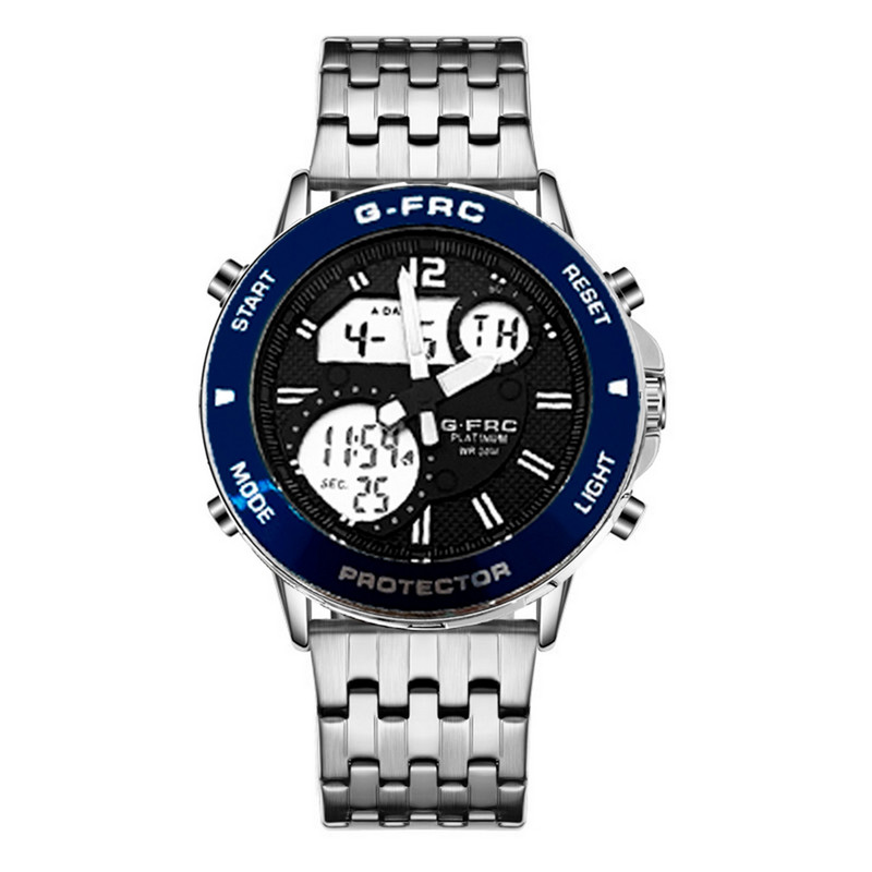 Reloj G-force Original Al175 Digital Acero Hombre Plateado Borde Azul + Estuche