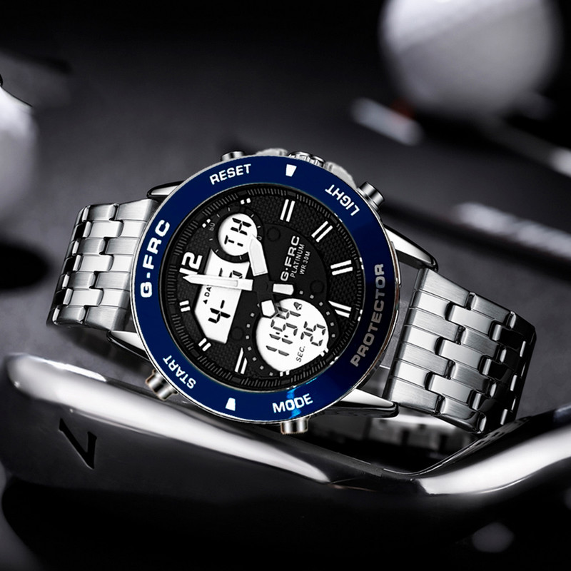 Reloj G-force Original Al175 Digital Acero Hombre Plateado Borde Azul + Estuche