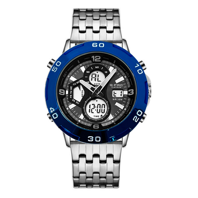 Reloj G-force Original Al172 Digital Acero Hombre Plateado Borde Azul + Estuche