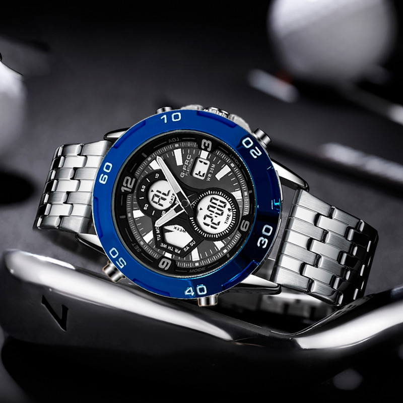 Reloj G-force Original Al172 Digital Acero Hombre Plateado Borde Azul + Estuche