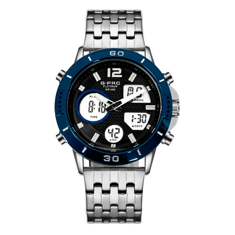 Reloj G-force Original Al173 Digital Acero Hombre Plateado Borde Azul + Estuche