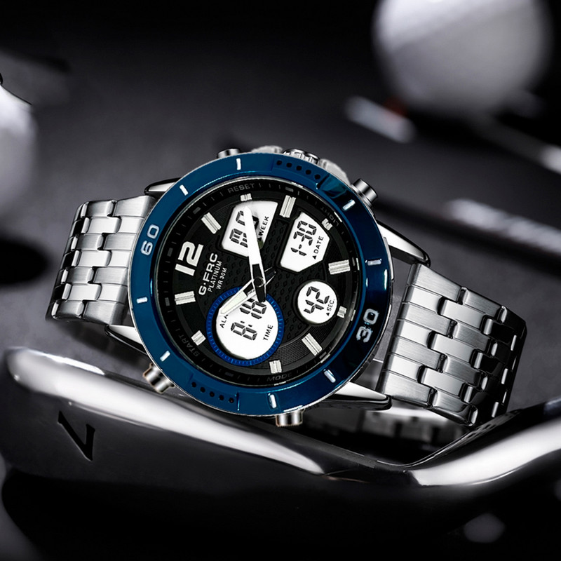 Reloj G-force Original Al173 Digital Acero Hombre Plateado Borde Azul + Estuche