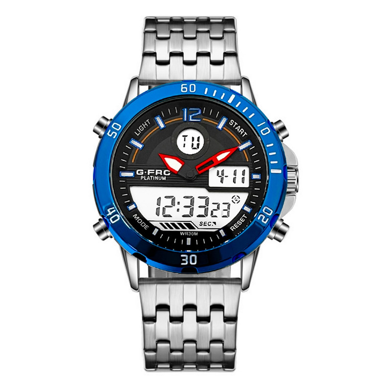 Reloj G-force Original Al176 Digital Acero Hombre Plateado Borde Azul + Estuche