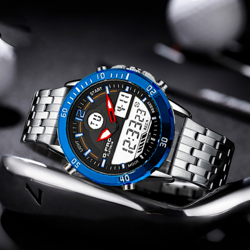 Reloj G-force Original Al176 Digital Acero Hombre Plateado Borde Azul + Estuche