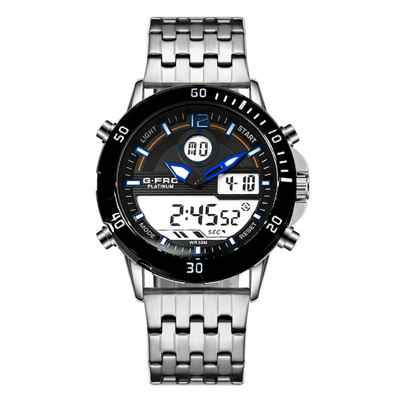 Reloj G-force Original Al176 Digital Acero Hombre Plateado Borde Negro + Estuche