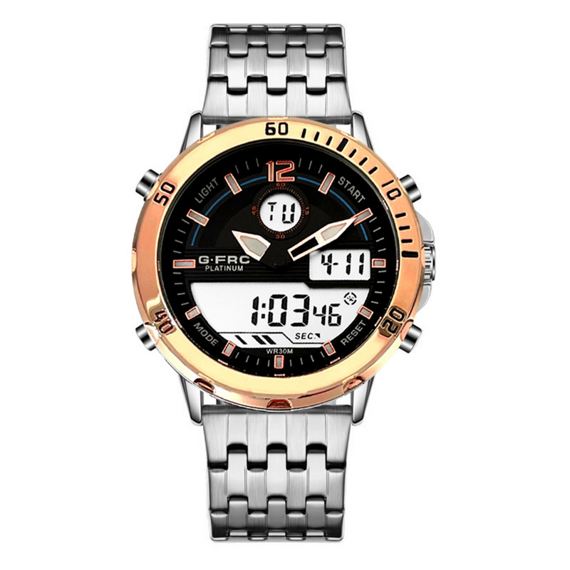 Reloj G-force Original Al176 Digital Acero Hombre Plateado Borde Oro Rosa + Estuche