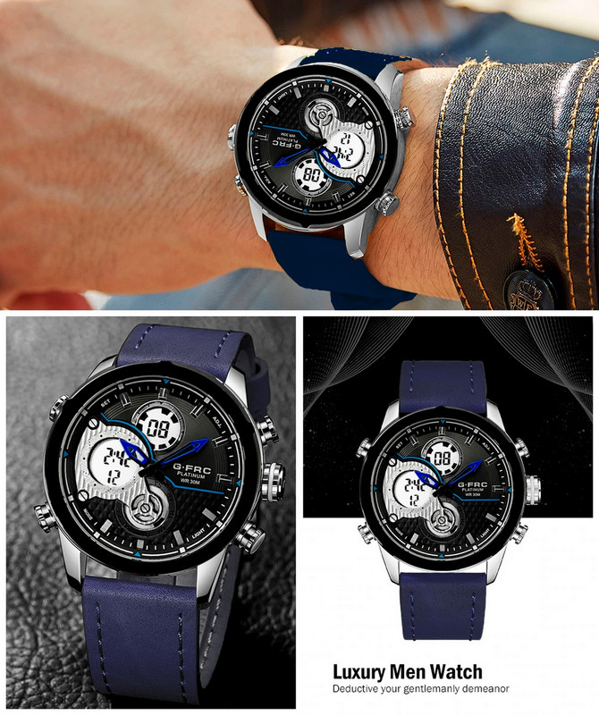 Reloj G-force Original Al151c Digital Cuero Hombre Borde Azul + Estuche