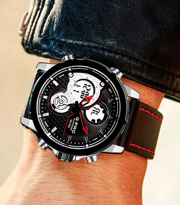 Reloj G-force Original Al151c Digital Cuero Hombre Borde Rojo + Estuche