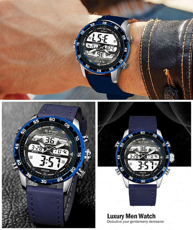 Reloj G-force Original Al161c Digital Cuero Hombre Borde Azul + Estuche