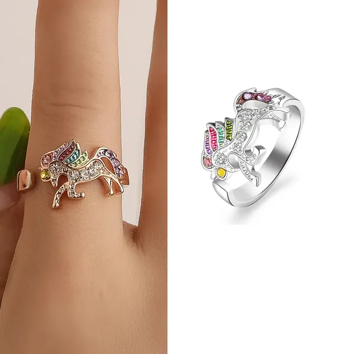 Anillo Ajustable Multicolor Unicornio Para Mujer Plateado