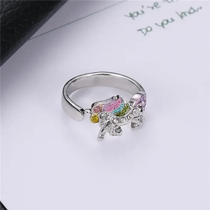 Anillo Ajustable Multicolor Unicornio Para Mujer Plateado