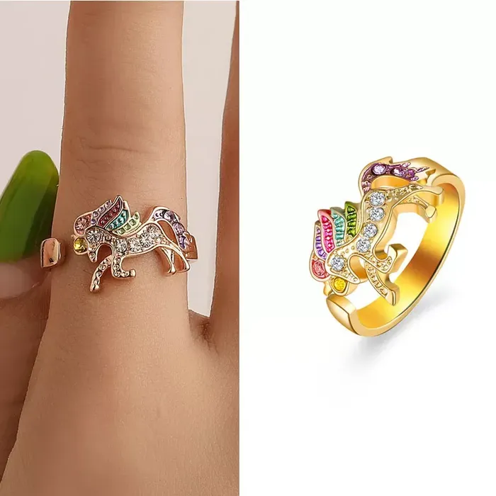 Anillo Ajustable Multicolor Unicornio Para Mujer Dorado