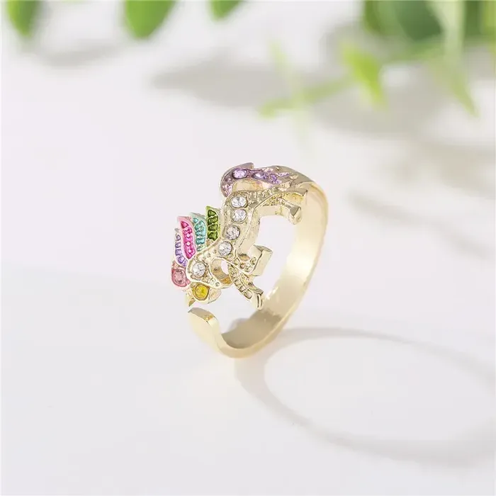 Anillo Ajustable Multicolor Unicornio Para Mujer Dorado