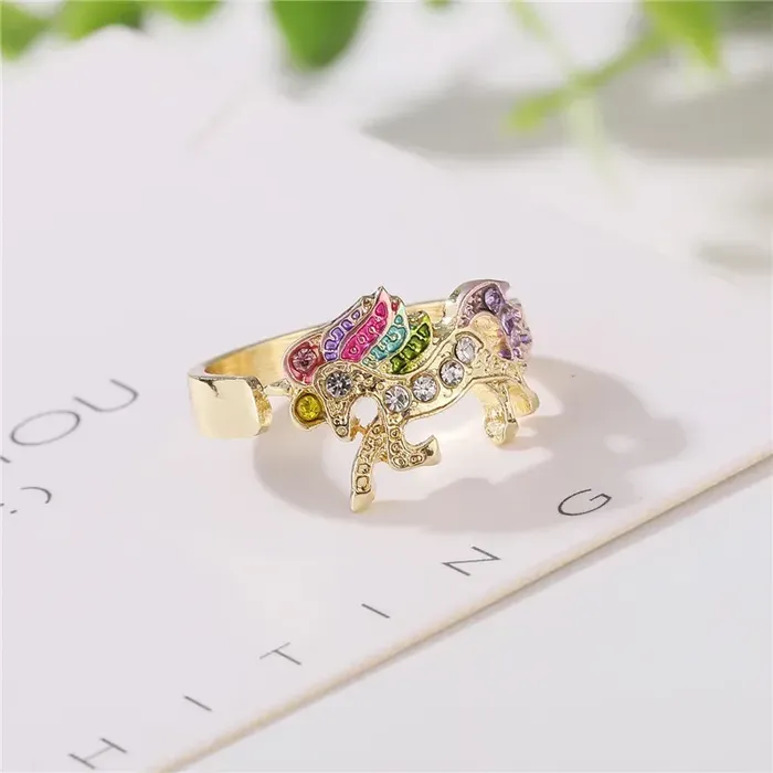 Anillo Ajustable Multicolor Unicornio Para Mujer Dorado