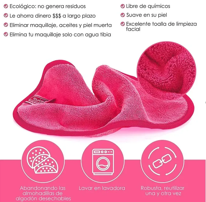 Toalla Paño Mágico Facial Removedor Maquillaje Reutilizable Rosado