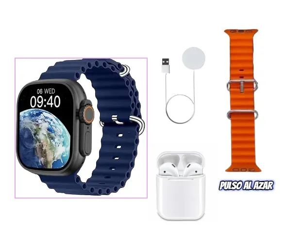  Reloj Smartwatch Ultra Azul Con Obsequio De Audífono Bluetooth I12 Con 2 Pulsos.